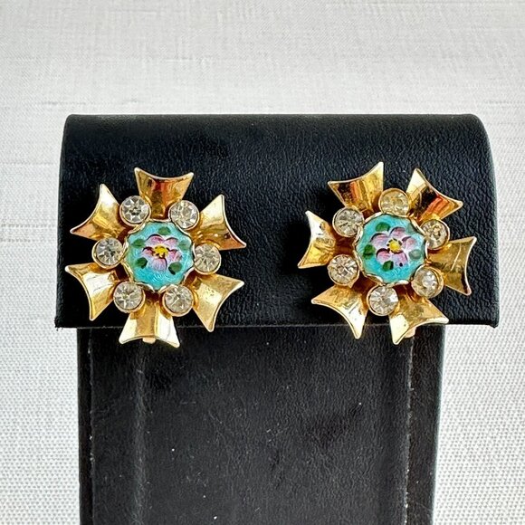 Guilloché Floral Earrings, Vintage Gold Screw-Back - Picture 1 of 7